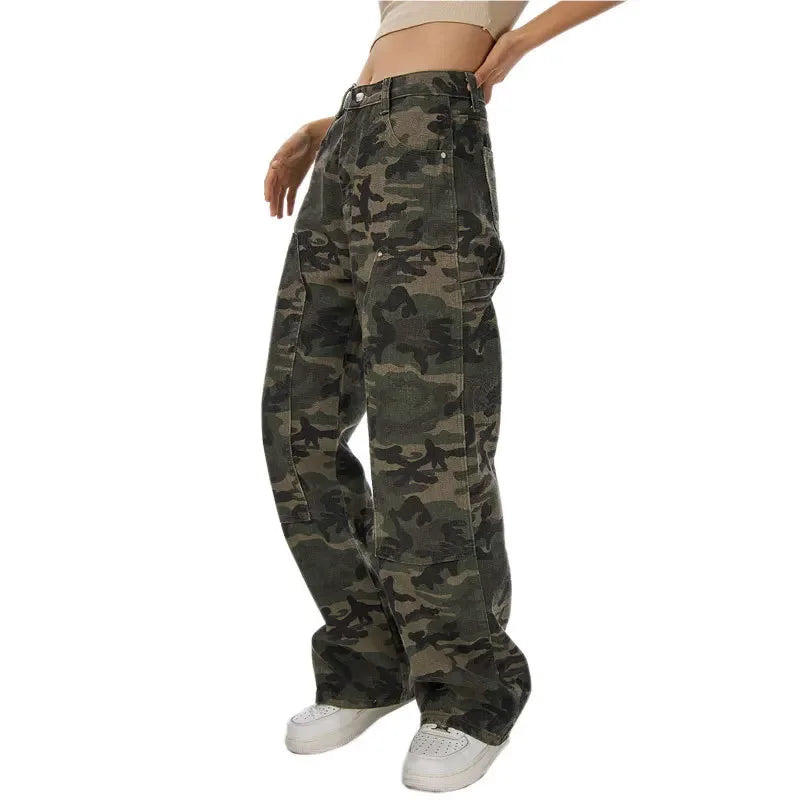 Sweat-shirt hip hop taille haute pour femme Jeans Pantalon droit décontracté Vert militaire Camouflage.