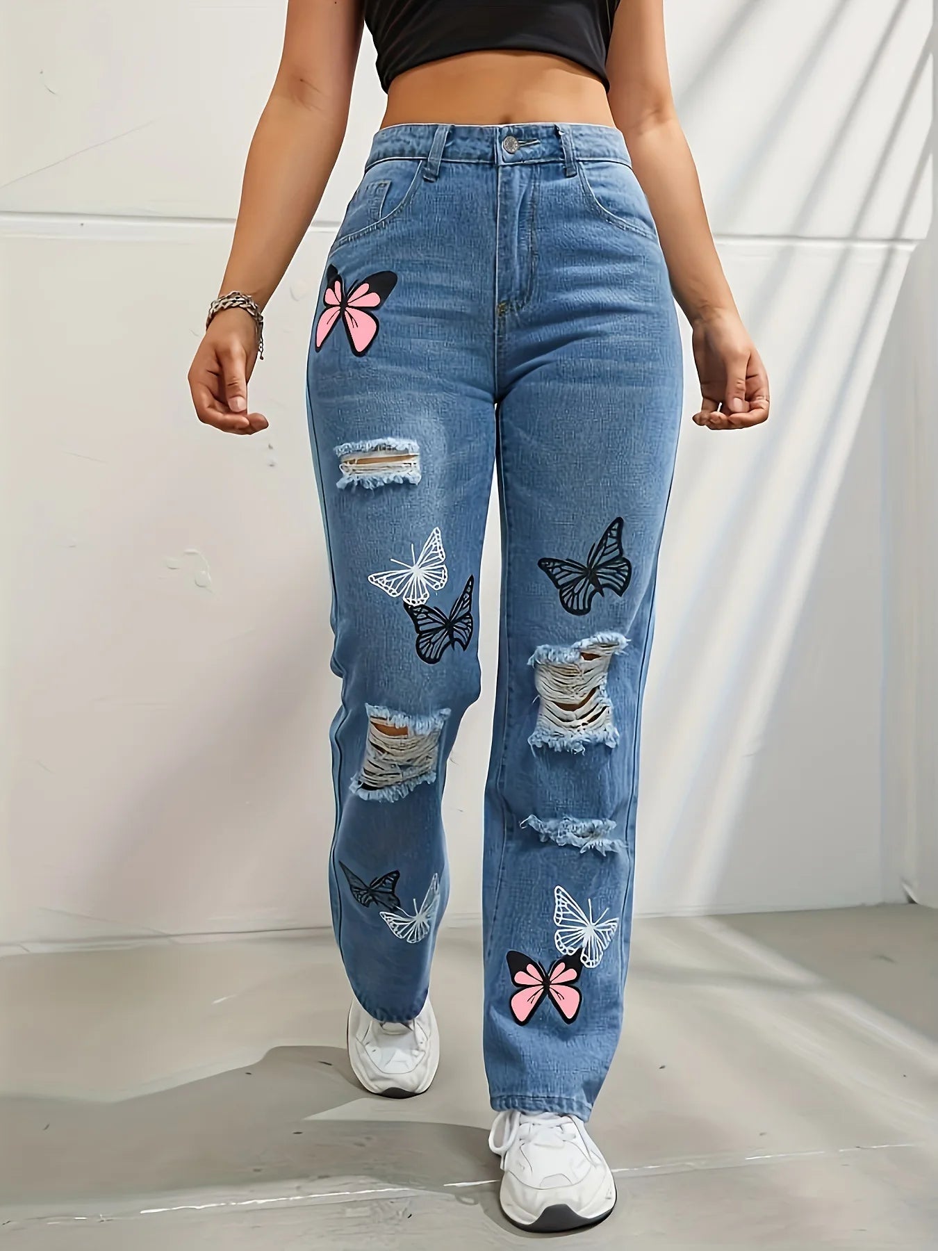 Papillon Impression Pantalon en denim Femmes Trous Jeans Pantalon droit Taille haute Coupe ample Vintage Casual Denims