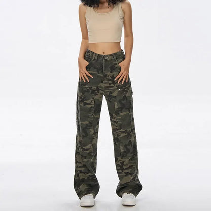 Sweat-shirt hip hop taille haute pour femme Jeans Pantalon droit décontracté Vert militaire Camouflage.