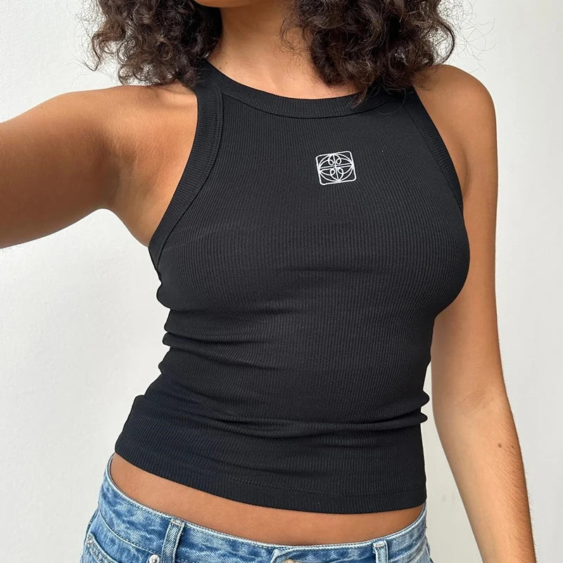 Débardeur sans manches Été Motif Broderie Personnalité Crop top slim stree.