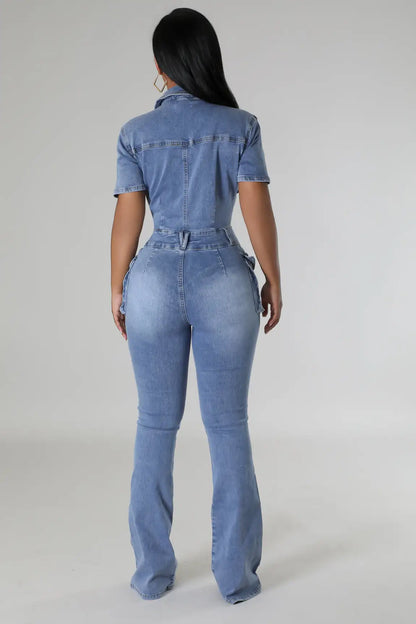 Multi poches large jambe jeans combinaison sexy femmes rabattre col élégant denim décontracté barboteuse salopette