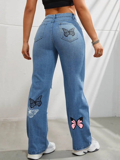 Papillon Impression Pantalon en denim Femmes Trous Jeans Pantalon droit Taille haute Coupe ample Vintage Casual Denims