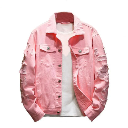 Nouveau Mode Hommes Jeans Veste Solide Printemps Automne Coton Denim Veste Hommes Blanc Noir Rose Trou Déchiré Jean Manteaux Mâle