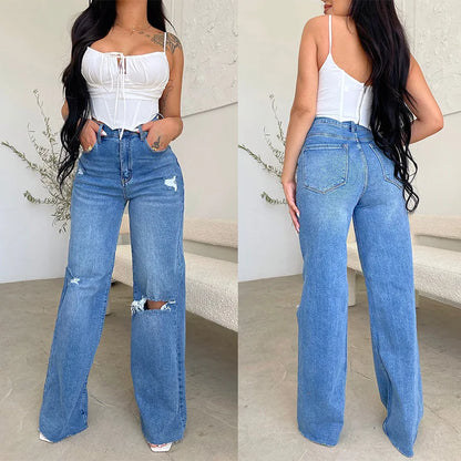 Femmes Jeans Pantalon Large Denim Taille Haute