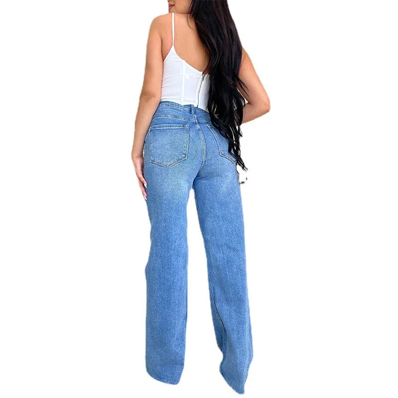 Femmes Jeans Pantalon Large Denim Taille Haute