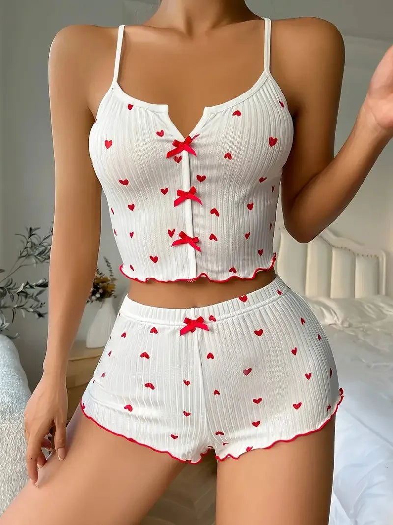 Vêtements de nuit Femmes Pyjama Ensemble Coeur Imprimé Tissu côtelé doux avec garniture à volants séduisant Débardeur décontracté Cami et shorts Ensembles Vêtements de détente