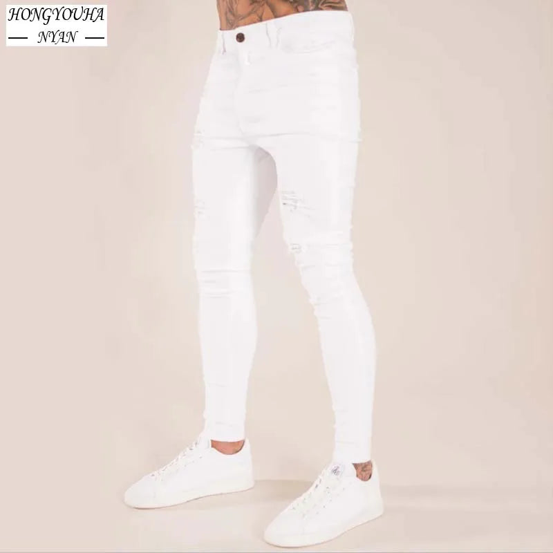 Hommes Extensible Déchiré Skinny Brodé Jeans Pantalon Blanc Hommes Trou Détruit Slim Fit