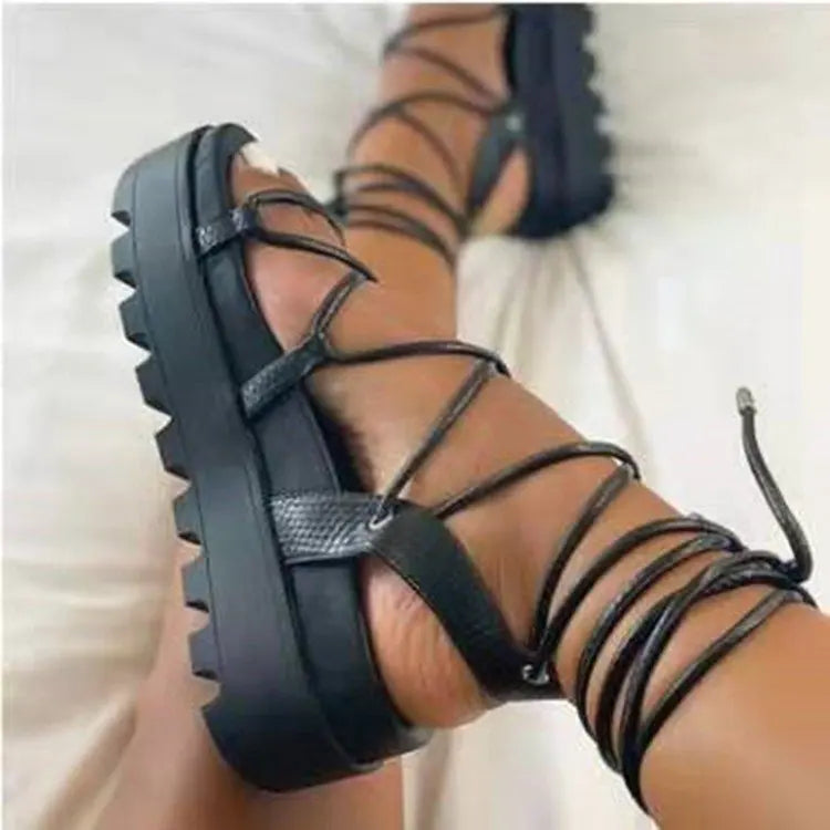 Femme Gladiateur Plate-forme Sandale Dames Cheville Wrap Wedge Femme Mode Lacets Chaussure Femmes Non Glissant Femmes Chaussures Plus La Taille 43