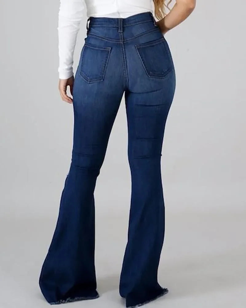 Denim Femmes Pantalons High-stretch Pantalons déchirés taille haute Pantalons évasés pour femmes