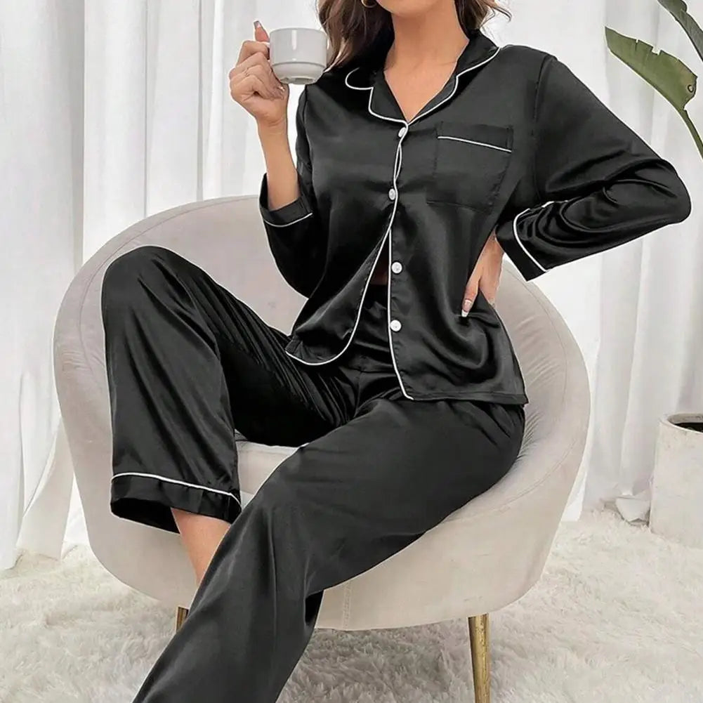 Femmes Pyjama Ensemble À Manches Longues Bouton Haut Taille Élastique Pantalon