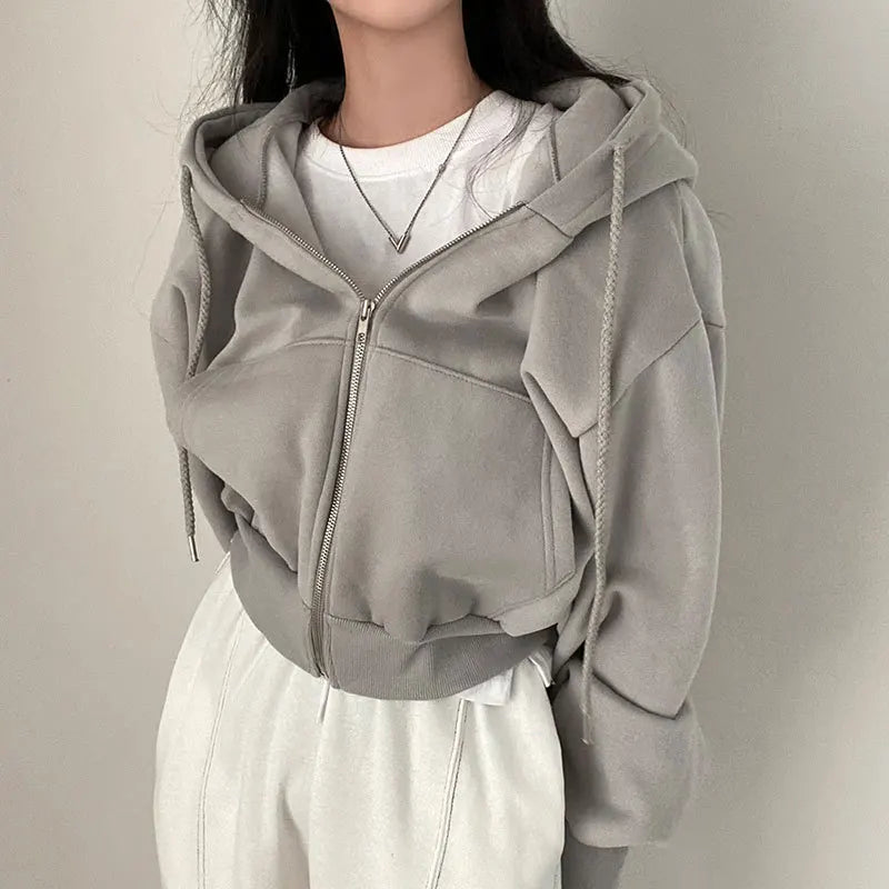 Casual Capuche Sweatshirt Femmes Y2K Zip Up Sweats à capuche Solide Harajuku Chemise à manches longues