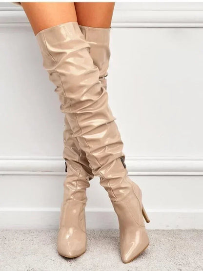 Bottes au-dessus du genou Femmes Mode Bout pointu Noir Côté Fermeture éclair Mince Talons hauts