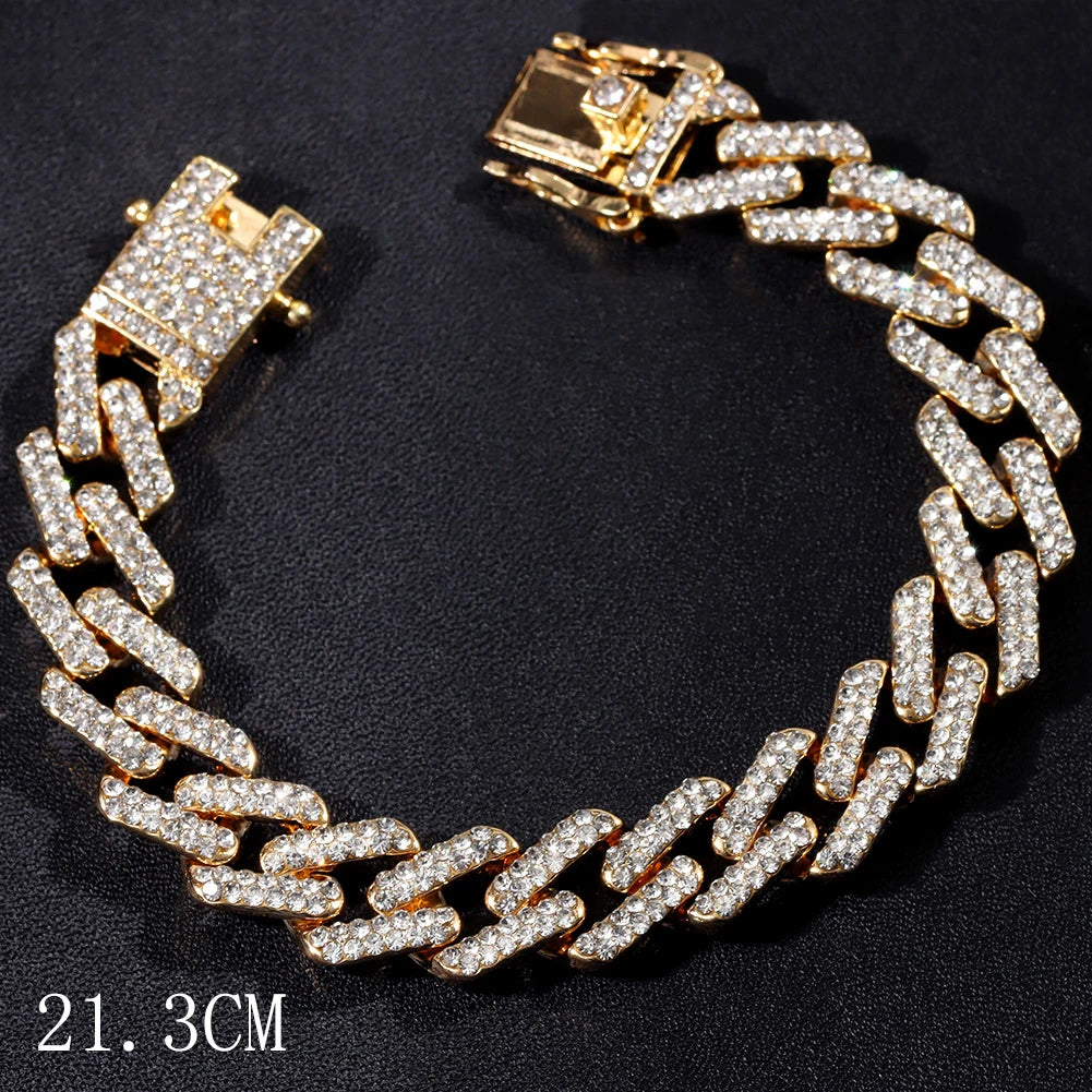 Mode Bling Pavé Strass Griffe Bracelet Chaîne Cubaine Pour Femmes et Hommes