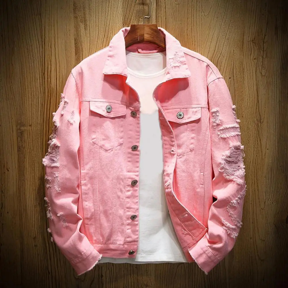 Nouveau Mode Hommes Jeans Veste Solide Printemps Automne Coton Denim Veste Hommes Blanc Noir Rose Trou Déchiré Jean Manteaux Mâle