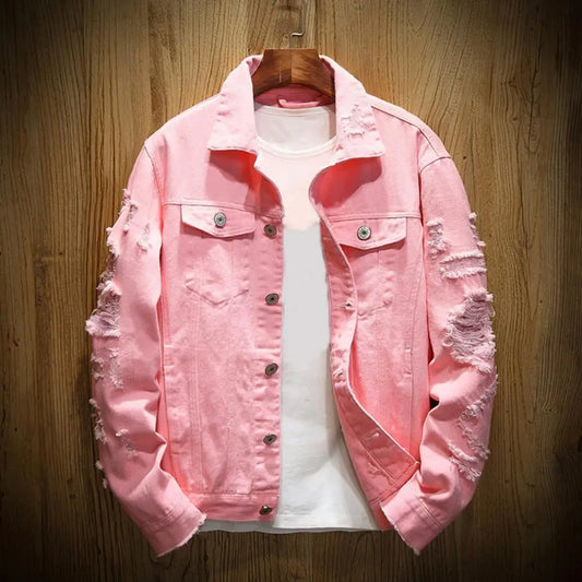 Nouveau Mode Hommes Jeans Veste Solide Printemps Automne Coton Denim Veste Hommes Blanc Noir Rose Trou Déchiré Jean Manteaux Mâle