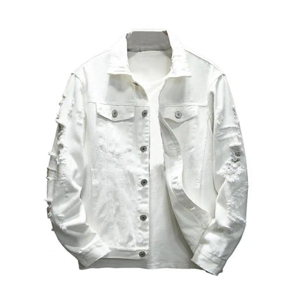 Nouveau Mode Hommes Jeans Veste Solide Printemps Automne Coton Denim Veste Hommes Blanc Noir Rose Trou Déchiré Jean Manteaux Mâle