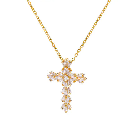 Collier avec pendentif croix en Zircon pour femmes, couleur or, en acier