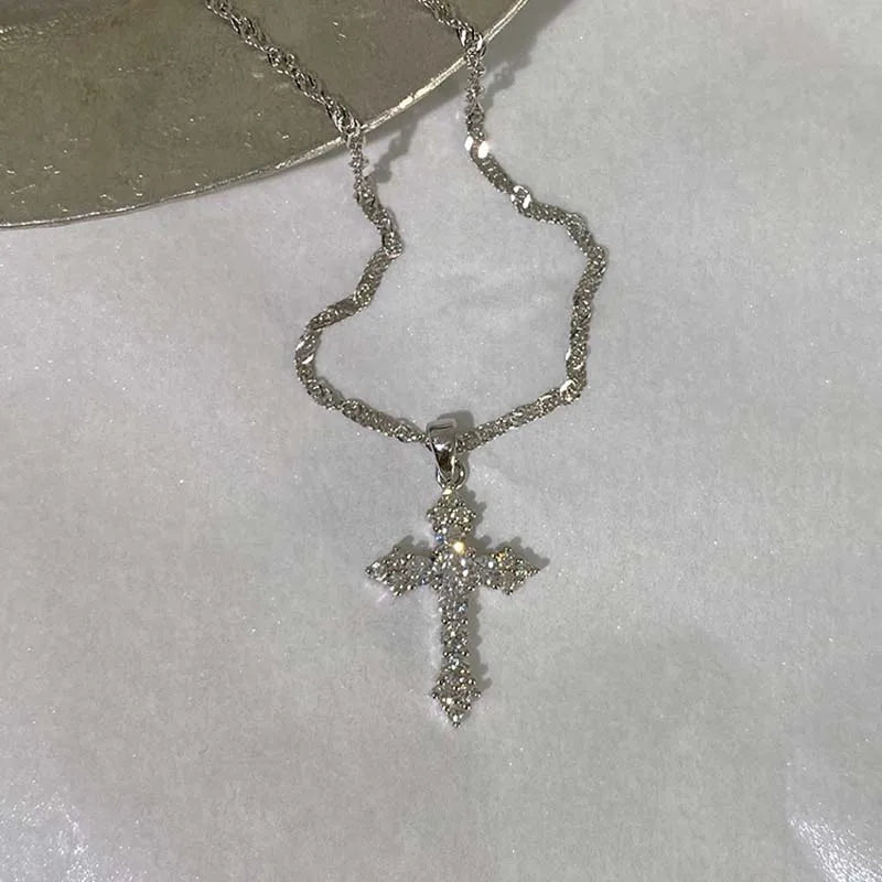 Collier avec pendentif croix en Zircon cristal brillant pour femmes et filles, Punk, couleur argent