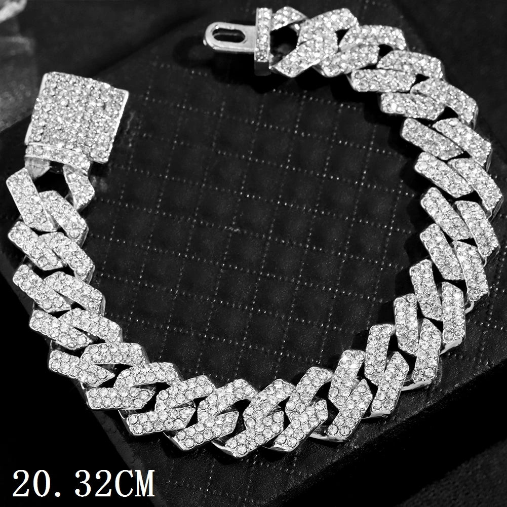 Mode Bling Pavé Strass Griffe Bracelet Chaîne Cubaine Pour Femmes et Hommes