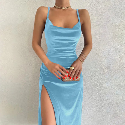 Velours Swing Collar Sans Manches Slip Sexy Fente Maxi Robe Nouvelle Mode Soirée Soirée Femmes Élégant Streetwear Y2K