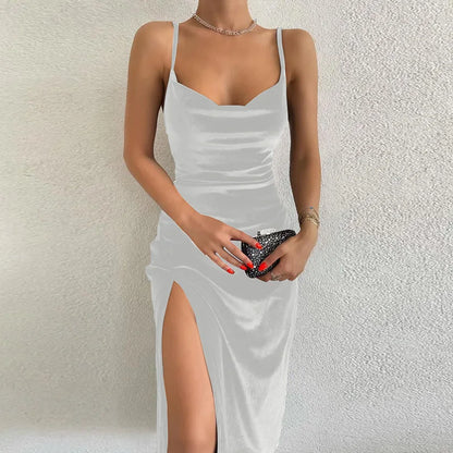 Velours Swing Collar Sans Manches Slip Sexy Fente Maxi Robe Nouvelle Mode Soirée Soirée Femmes Élégant Streetwear Y2K