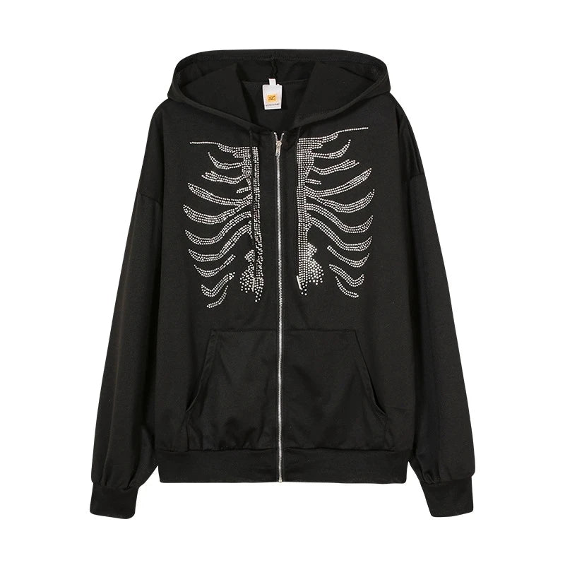 Y2K Strass Skeleton Hoodies Femmes Gothique Noir Zip Up Surdimensionné Sweatshirts Femme Rétro Harajuku Veste à capuche Streetwear