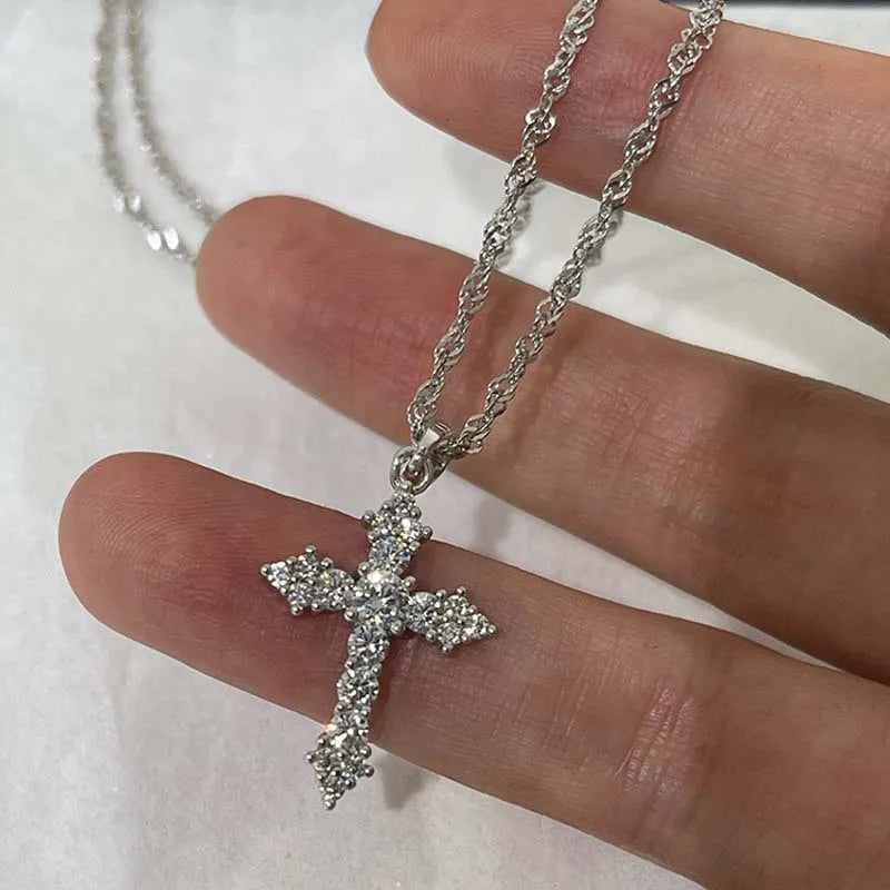 Collier avec pendentif croix en Zircon cristal brillant pour femmes et filles, Punk, couleur argent