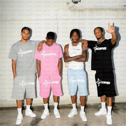 Y2K T-shirt court Kpop Street Mode Imprimer Col Rond À Manches Courtes Haut Casual Lâche Cordon De Serrage Shorts Femmes Hommes