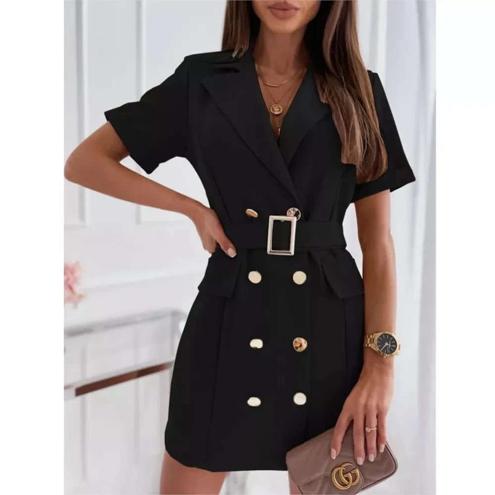 Élégante Mini Blazer Robe Avec Ceinture Nouvelle Mode D’été Double Boutonnage Robe À Manches Courtes