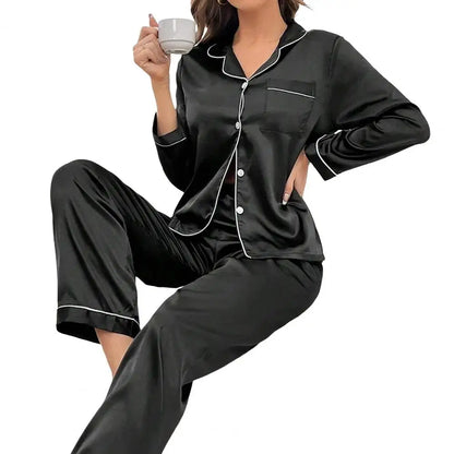 Femmes Pyjama Ensemble À Manches Longues Bouton Haut Taille Élastique Pantalon