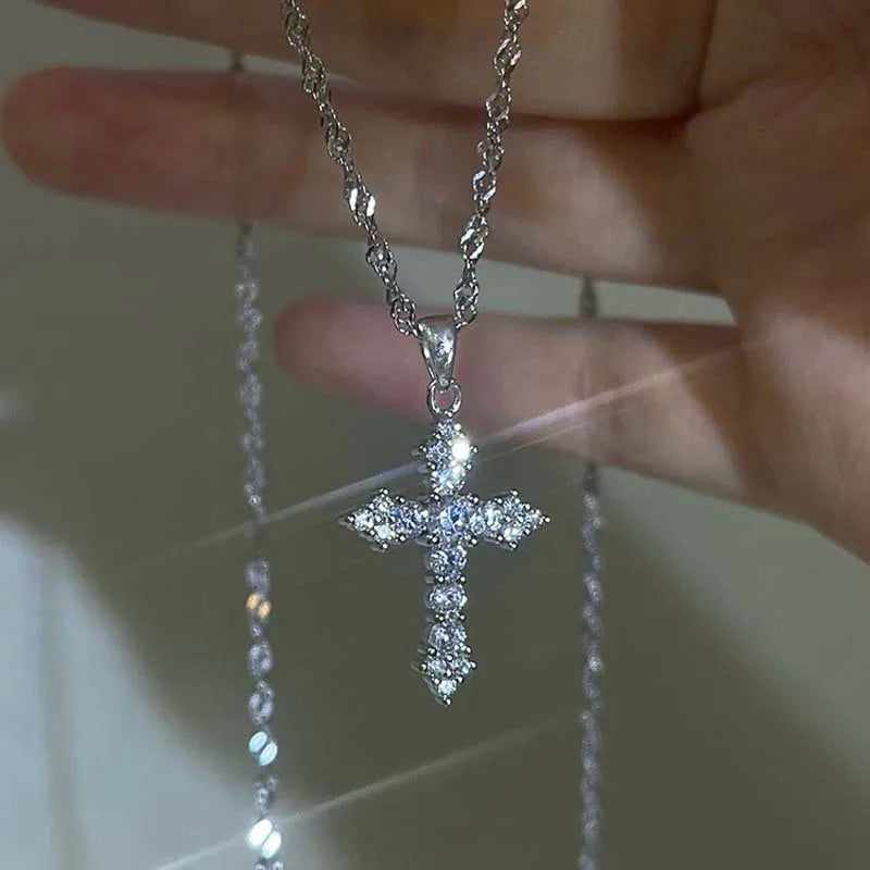 Collier avec pendentif croix en Zircon cristal brillant pour femmes et filles, Punk, couleur argent