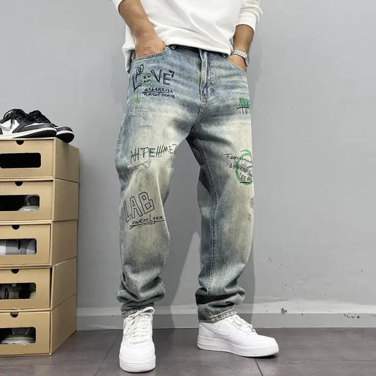 American Retro Street Style Jeans à jambe droite imprimés personnalisés