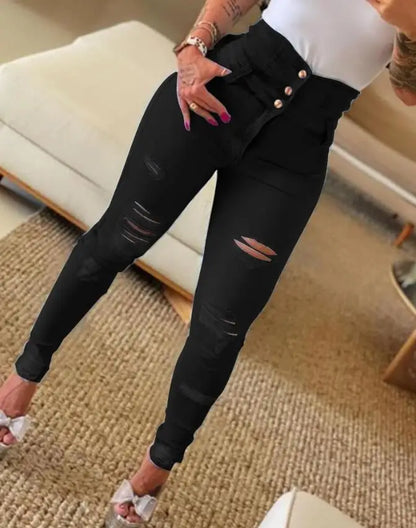 Jeans pour femmes Tendance Automne Mode Taille haute Boutonné Découpe déchirée Décontracté Skinny Plain Pocket Design quotidien Jeans longs