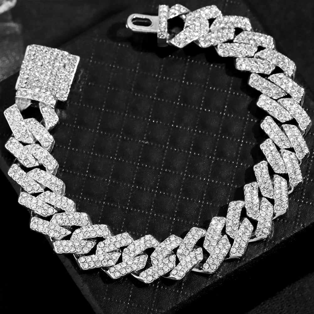 Mode Bling Pavé Strass Griffe Bracelet Chaîne Cubaine Pour Femmes et Hommes