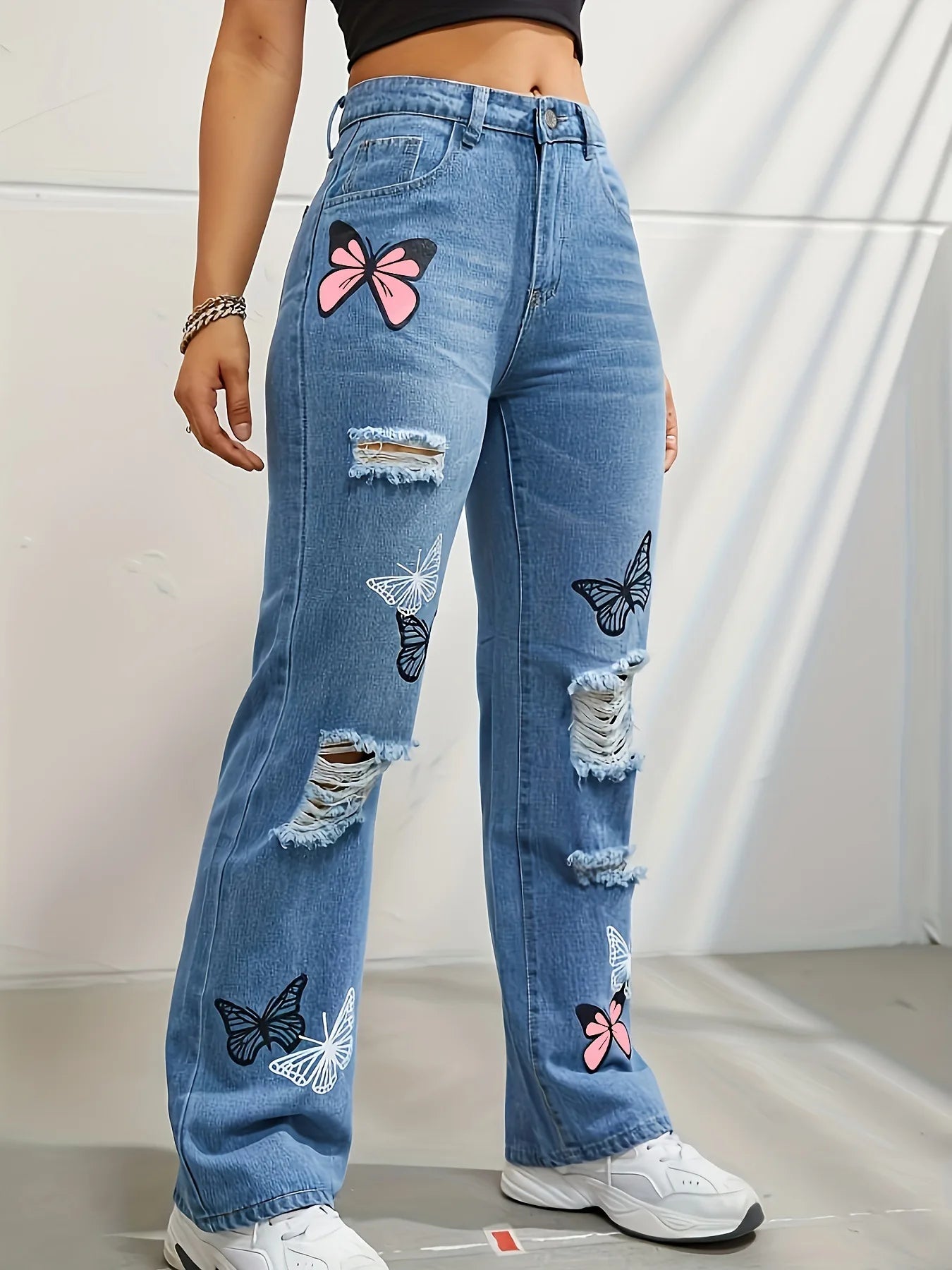 Papillon Impression Pantalon en denim Femmes Trous Jeans Pantalon droit Taille haute Coupe ample Vintage Casual Denims