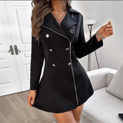 Personnalité de la mode Double boutonnage fermeture éclair Robes courtes pour femmes Printemps Automne Nouveau Simple.