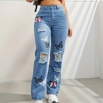 Papillon Impression Pantalon en denim Femmes Trous Jeans Pantalon droit Taille haute Coupe ample Vintage Casual Denims