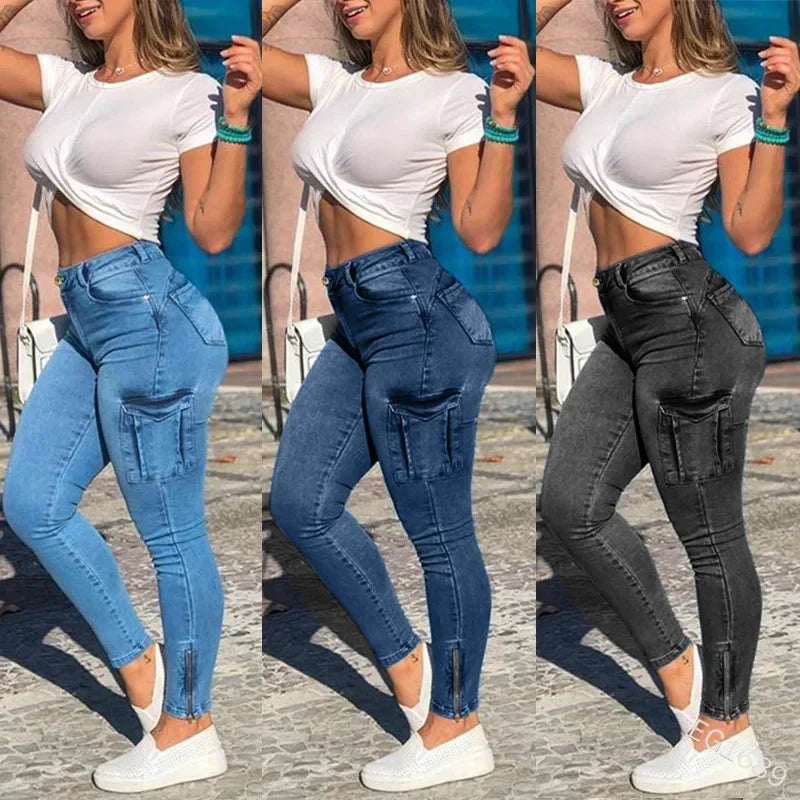 Femmes Jeans Fourreau Crayon Pantalon Poches Cargo Denim