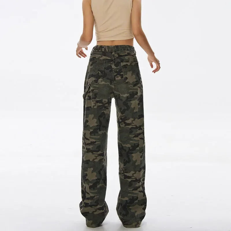 Sweat-shirt hip hop taille haute pour femme Jeans Pantalon droit décontracté Vert militaire Camouflage.