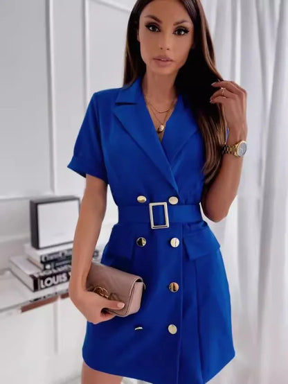 Élégante Mini Blazer Robe Avec Ceinture Nouvelle Mode D’été Double Boutonnage Robe À Manches Courtes