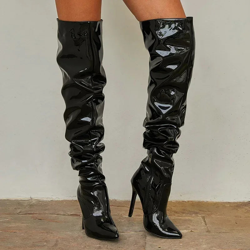 Bottes au-dessus du genou Femmes Mode Bout pointu Noir Côté Fermeture éclair Mince Talons hauts