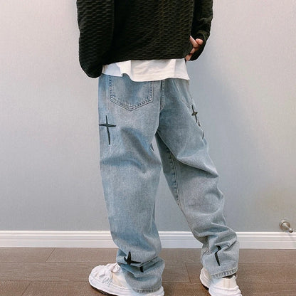 Hommes Nouveau Streetwear Baggy Large Leg Jeans Mode Coréenne Drapés Droit Décontracté