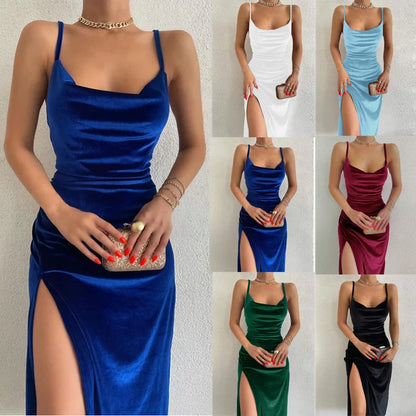 Velours Swing Collar Sans Manches Slip Sexy Fente Maxi Robe Nouvelle Mode Soirée Soirée Femmes Élégant Streetwear Y2K