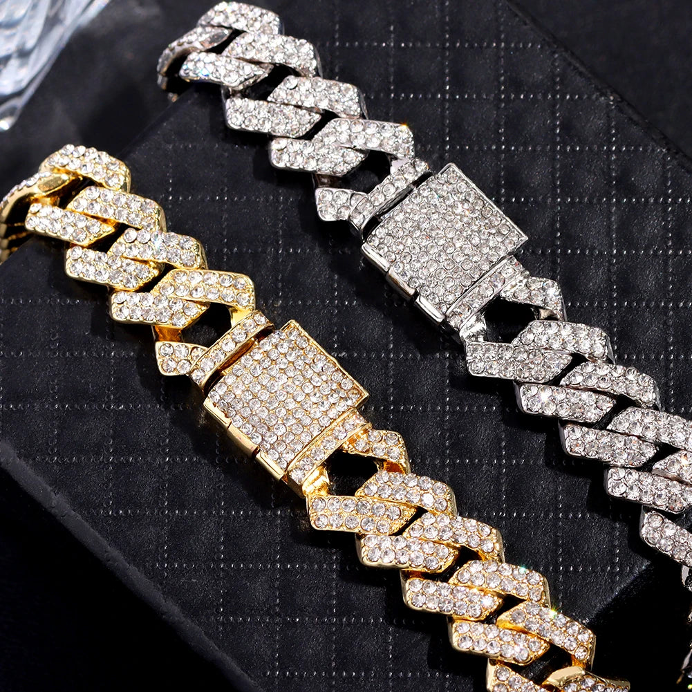 Mode Bling Pavé Strass Griffe Bracelet Chaîne Cubaine Pour Femmes et Hommes