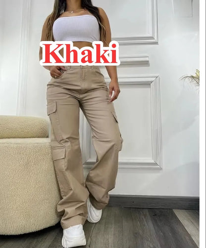 Pantalon Cargo américain taille haute pour femmes, marque tendance, multi-poches, couleur unie.