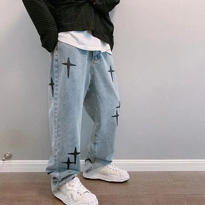 Hommes Nouveau Streetwear Baggy Large Leg Jeans Mode Coréenne Drapés Droit Décontracté