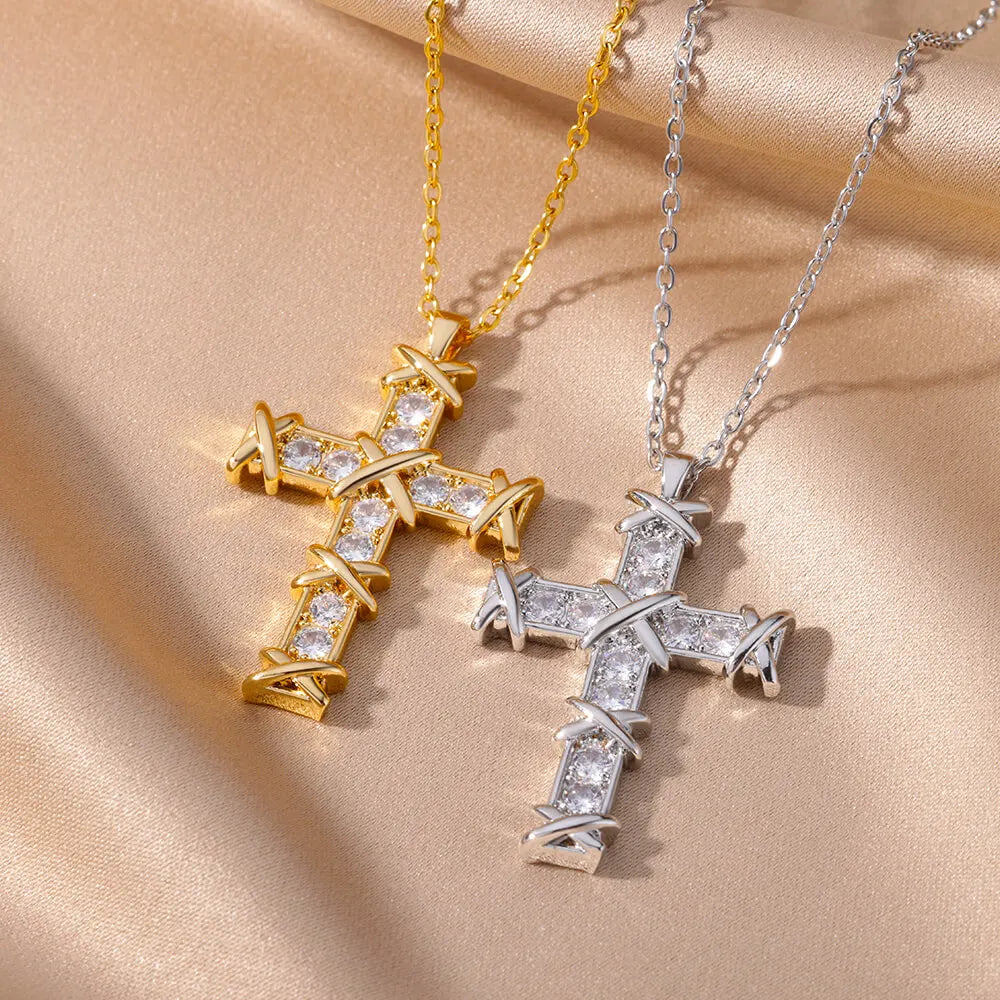 Collier avec pendentif croix en Zircon pour femmes, couleur or, en acier