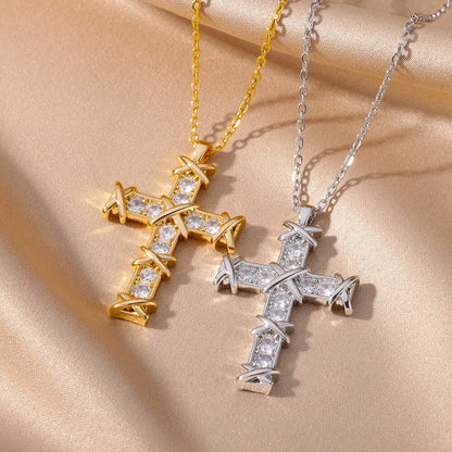 Collier avec pendentif croix en Zircon pour femmes, couleur or, en acier