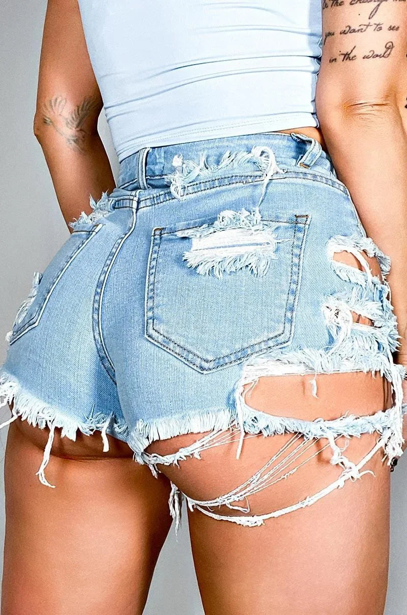 Trou Déchiré Short Jeans Délavé Denim vieilli Taille haute Épissé Droit Ample Poches Vintage Casual