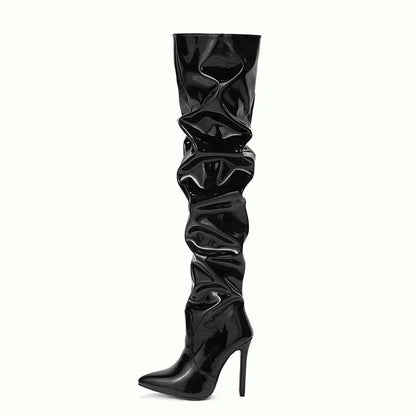 Bottes au-dessus du genou Femmes Mode Bout pointu Noir Côté Fermeture éclair Mince Talons hauts